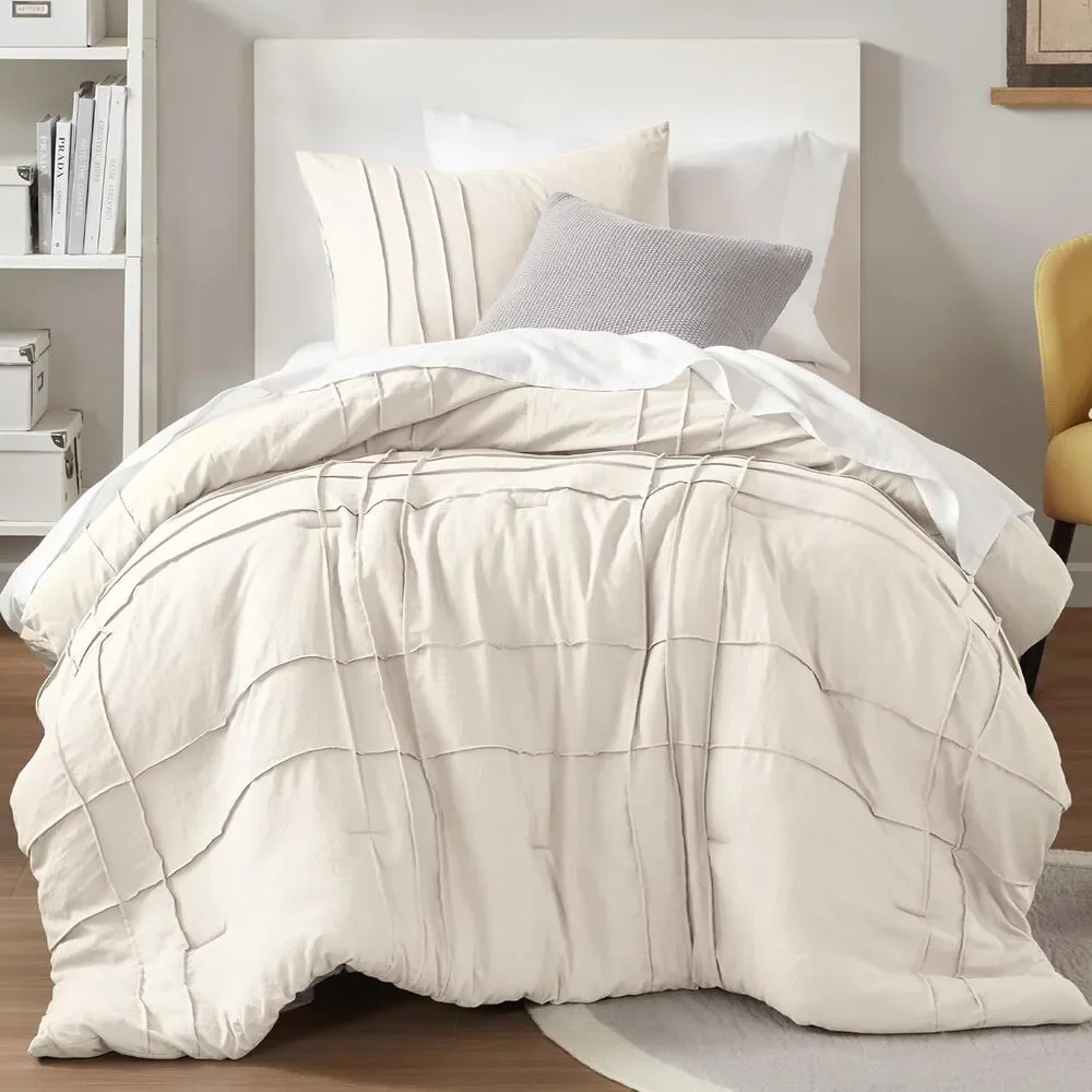 2 Pieces Pintuck Pleated Duvet Cover TwinCream Twin Size Duvet Cover Set